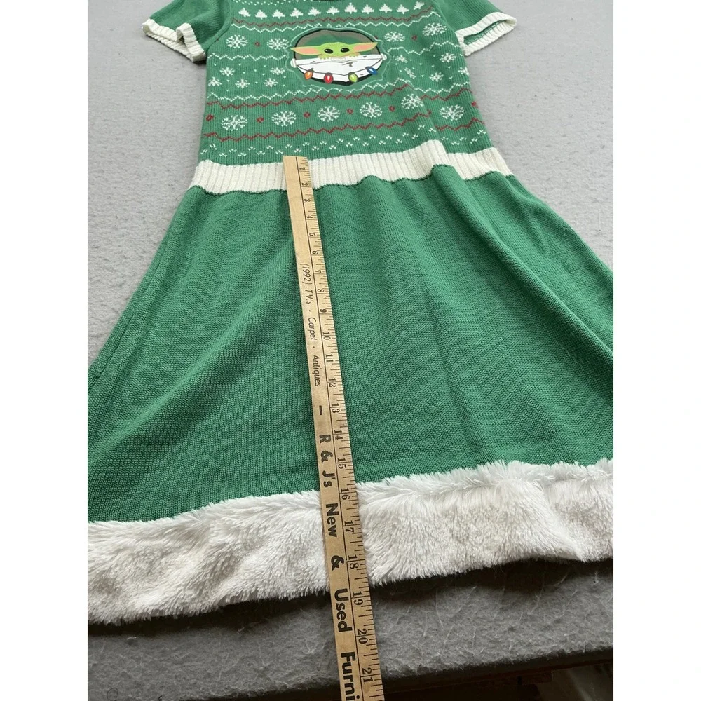 Star Wars Grogu Baby Yoda Holiday Sweater Dress Faux Fur Trim XL 14-16 Green